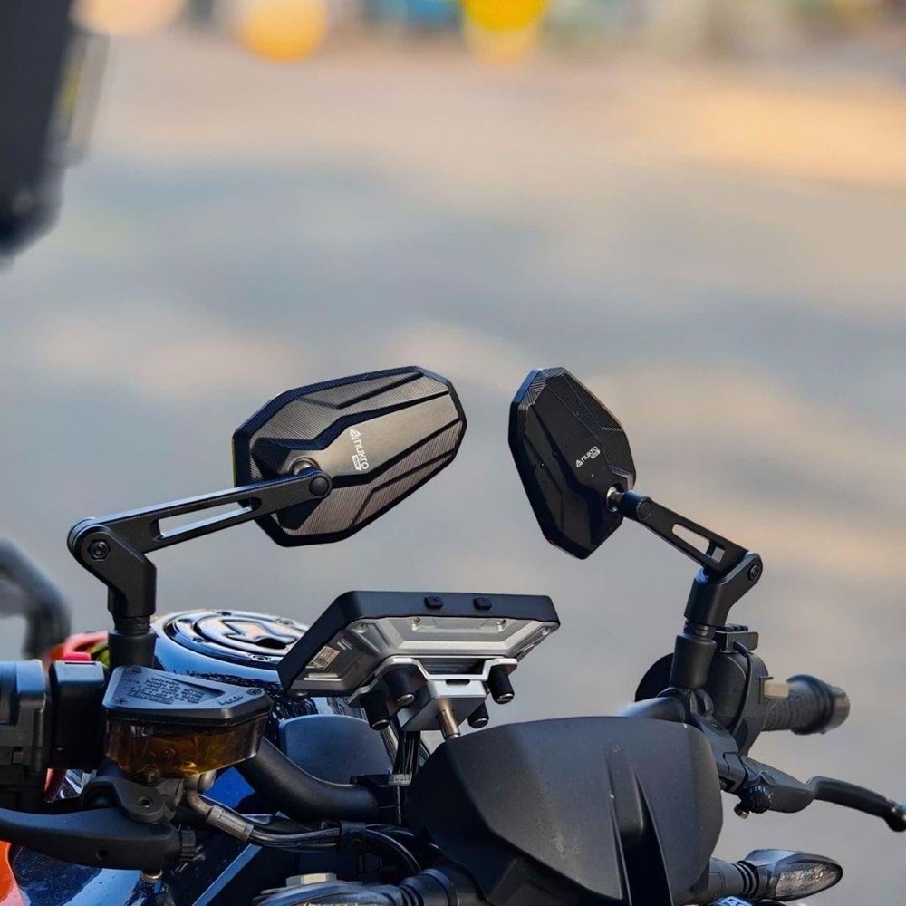 Nukrotech RM-201 Katlanabilir Alüminyum Motosiklet Dikiz Aynası –Mavi Cam - Hidrofobik Tasarım