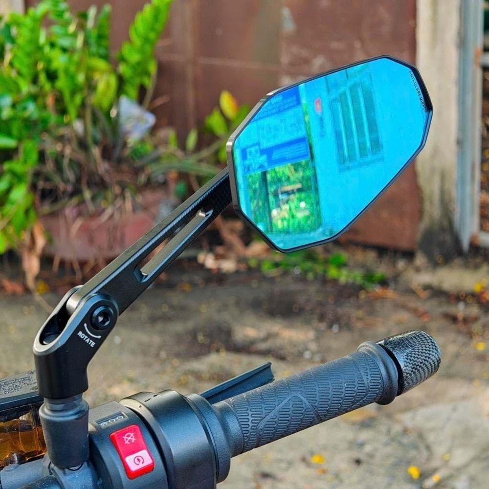Nukrotech RM-201 Katlanabilir Alüminyum Motosiklet Dikiz Aynası –Mavi Cam - Hidrofobik Tasarım