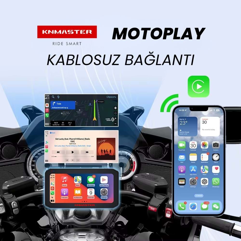 KNMASTER MOTOPLAY 2000 – 6.25” 2K Çift Kameralı Kablosuz CarPlay & Android Auto Destekli Motosiklet Multimedya Ekranı