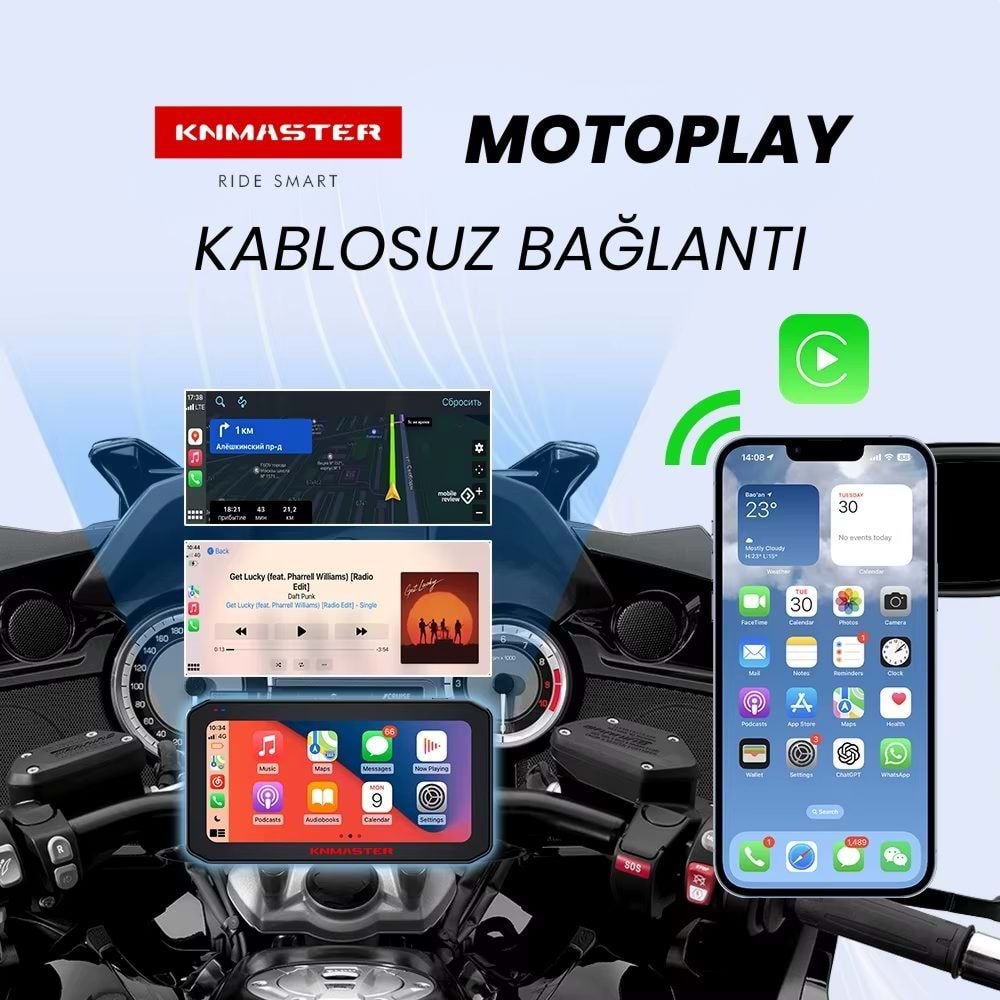 KNMASTER MOTOPLAY 1500 – 6.25” TPMS Sensörlü Kablosuz CarPlay & Android Auto Destekli Motosiklet Multimedya Ekranı