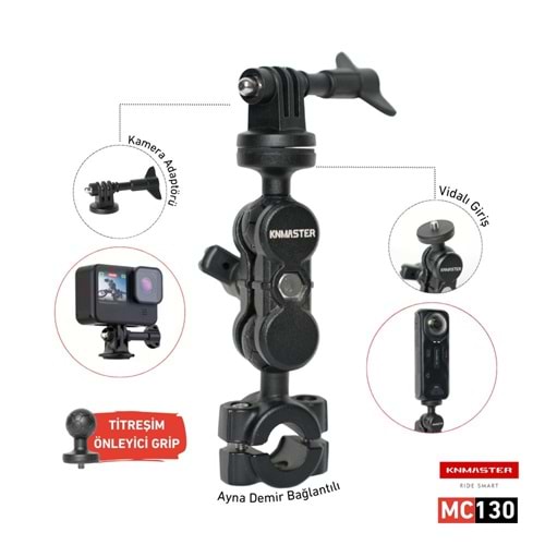 KNMASTER MC130 – 360° AYARLANABİLİR MOTOSİKLET AYNA DEMİR BAĞLANTILI AKSİYON KAMERA APARATI