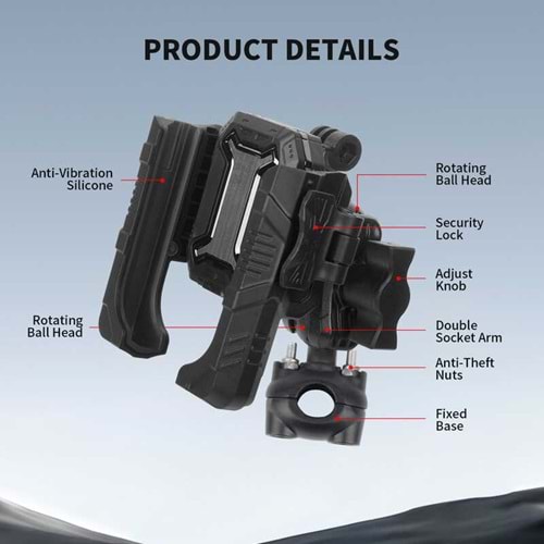 MECHRIG 9-16 mm BORU ÇAPI UYUMLU MOTOSİKLET DİKİZ AYNASI TELEFON TUTUCU