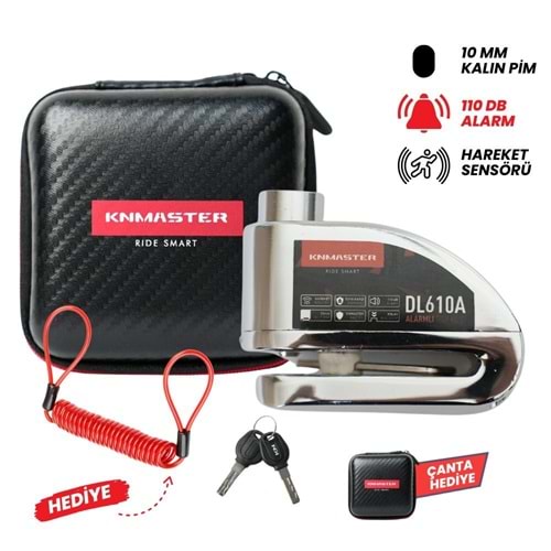 KNMASTER DL610A Alarmlı Disk Kilidi | 10 mm Çelik Pim | Hatırlatma Kablosu ve Taşıma Çantası