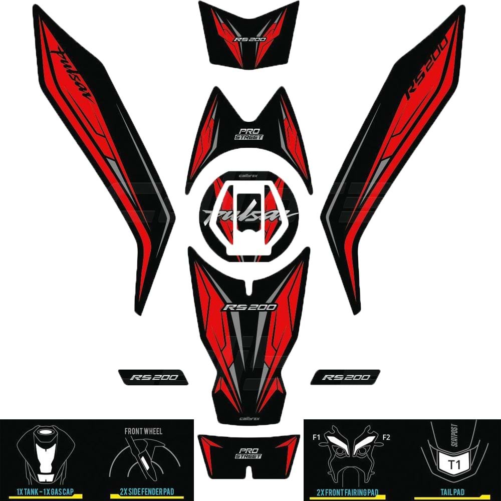 BAJAJ PULSAR RS200 KIRMIZI TANK PAD + FAR KAŞI CALİBREX