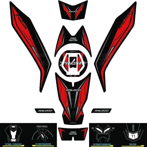 BAJAJ PULSAR RS200 KIRMIZI TANK PAD + FAR KAŞI CALİBREX