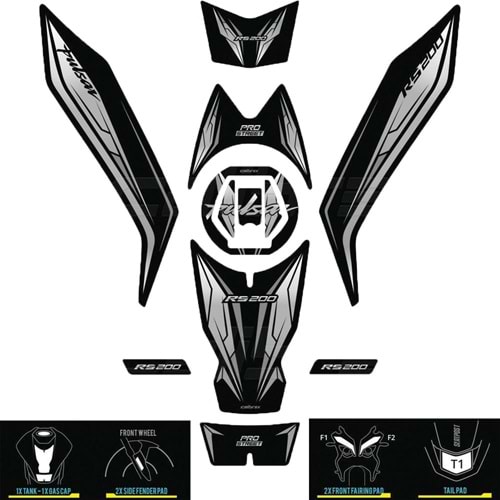 BAJAJ PULSAR RS200 GRİ TANK PAD + FAR KAŞI CALİBREX
